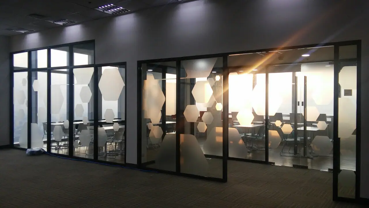 Frosted pattern film on office glass partitions