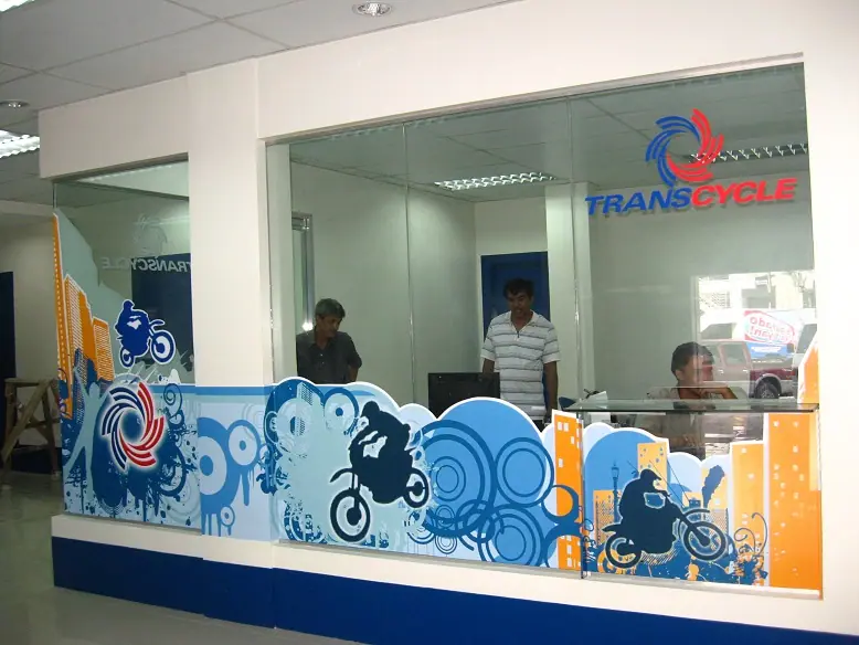Printed glass decals on a service counter window
