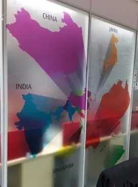 Full-color map decals on frosted glass partitions
