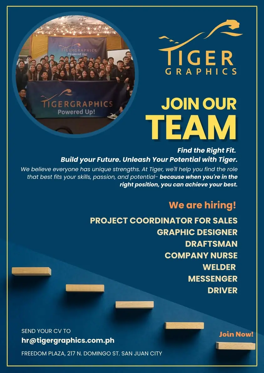 Tigergraphics hiring poster listing all seven open positions