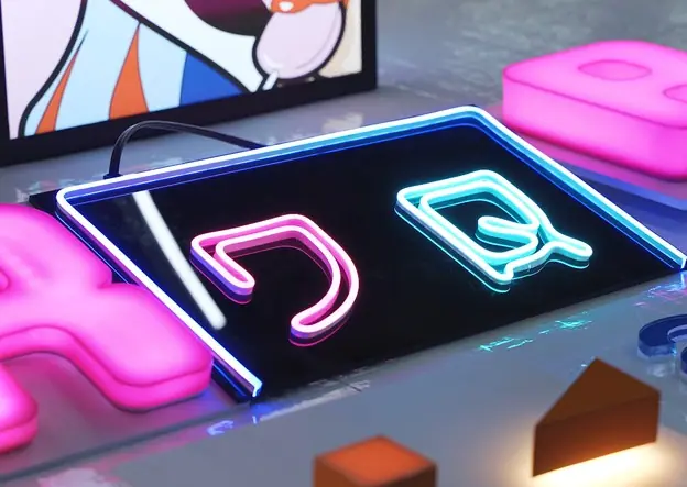 Close-up of lighted acrylic signs