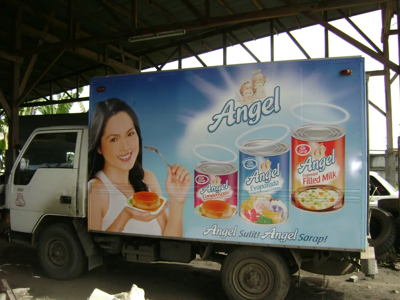Food product advertising printed on a truck body