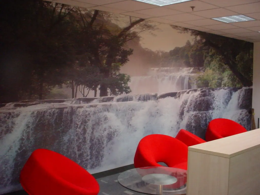 Waterfall landscape wallpaper in an office lounge