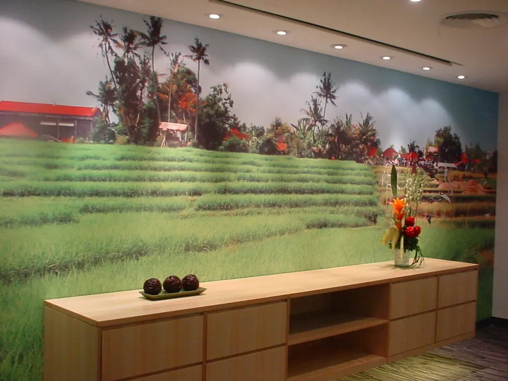 Rice terrace landscape wallpaper behind a pantry counter