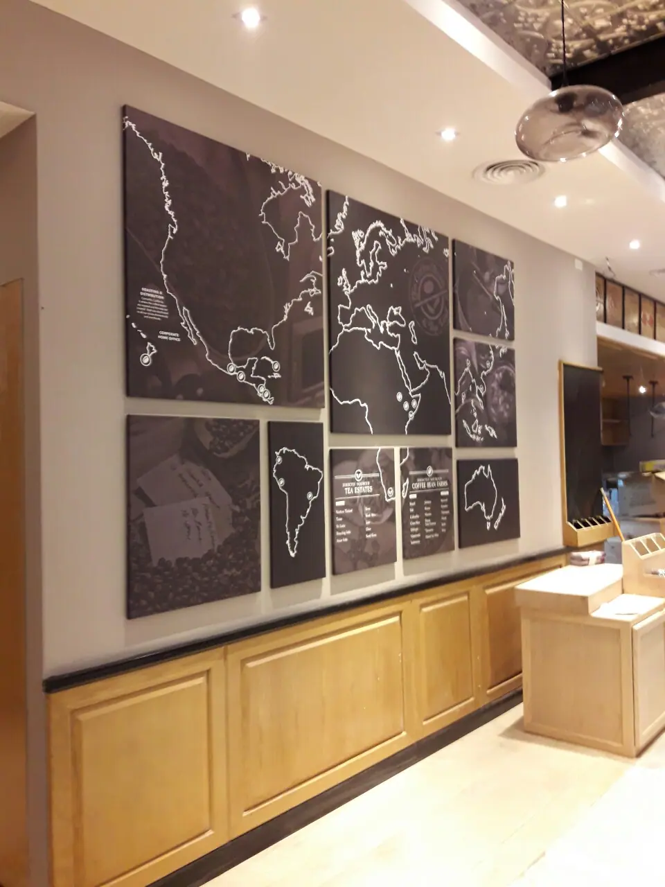 Map-printed wall panels in a café