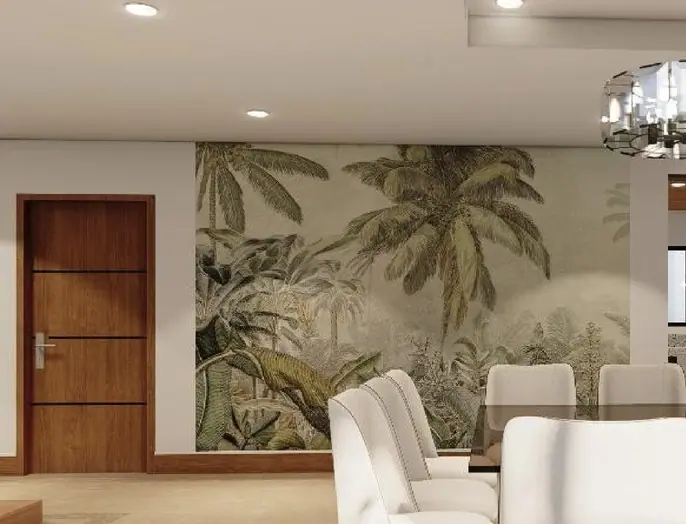 Tropical leaf wallpaper in a residential living room